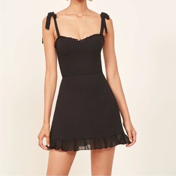 Reformation Dresses & Skirts - Reformation Black Christine Tie Shoulder Ruffle Hem Mini Dress